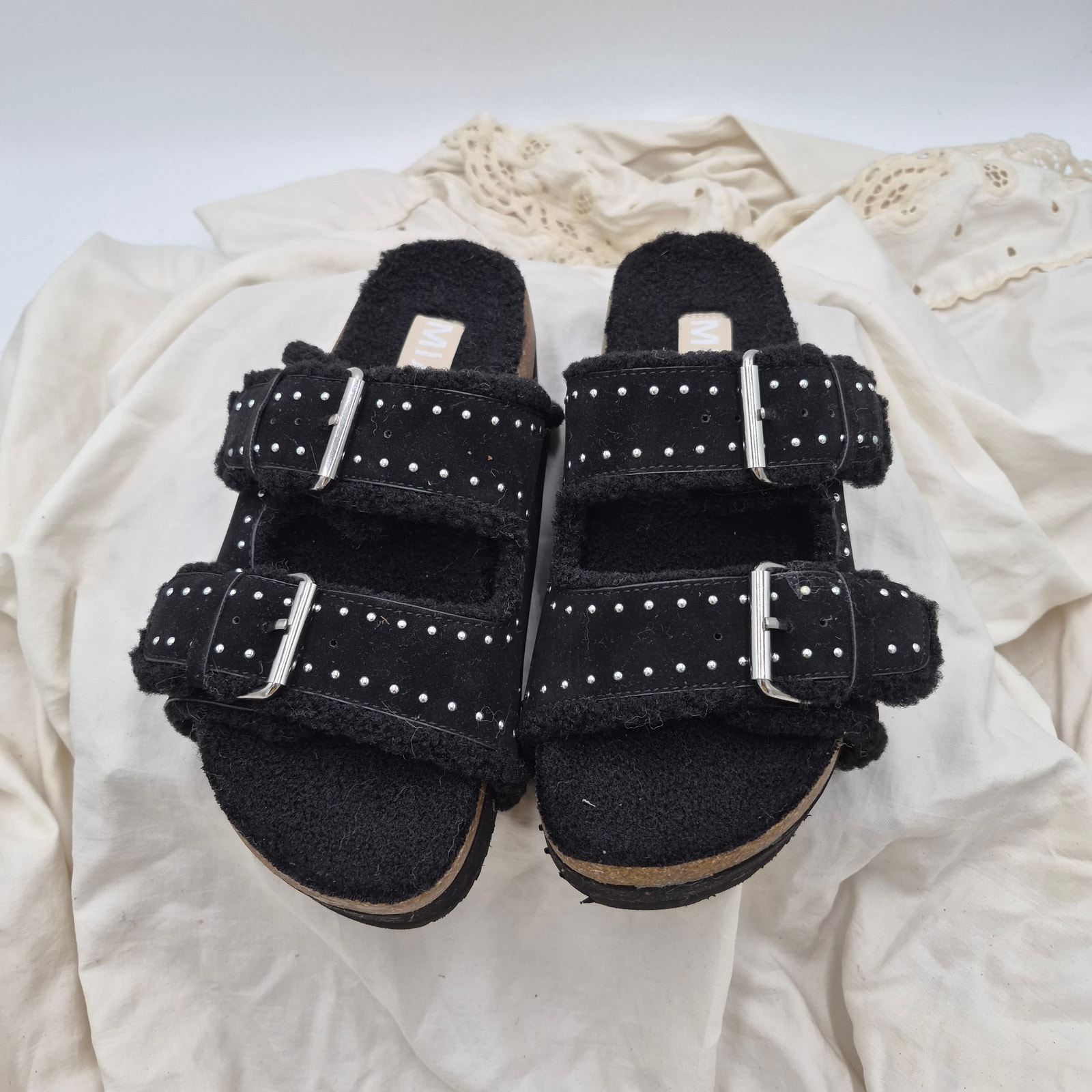New Mia Brookie-S Faux Shearling Slide Platform Sandal Adj Straps Black Us 8.5